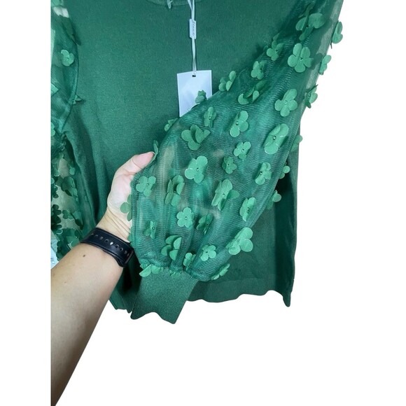 Sioni Milano Women's Green Crew Sweater Sheer Sleeves Flower Embellished Size L - Picture 5 of 14